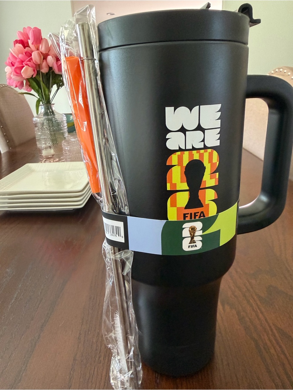 FIFA official licensed Travel Mug with Orange Straw